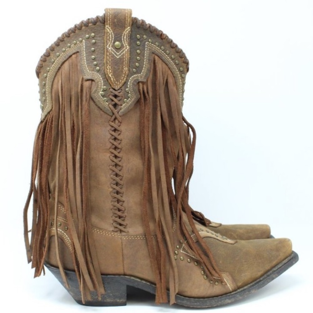 🤠ROCKIN COUNTRY🤠GENUINE LEATHER FRINGE STUDDED COWBOY BOOT - Picture 3 of 7